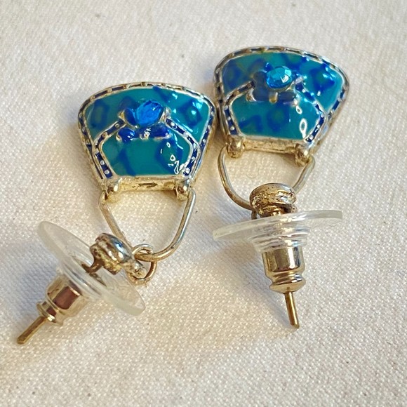 Handbag Earrings Blue Enamel Over Silver Tone Metal With Central Blue Stone - Picture 5 of 10
